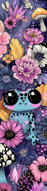 Free kawaii frog bookmark featuring sad kawaii frog sitting behind a pink daisy